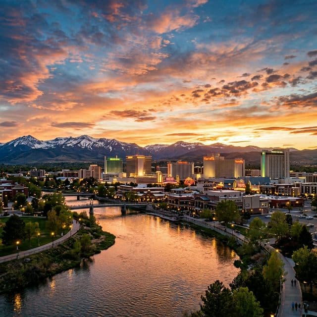 Reno skyline at sunset with Truckee River and Sierra Nevada mountains